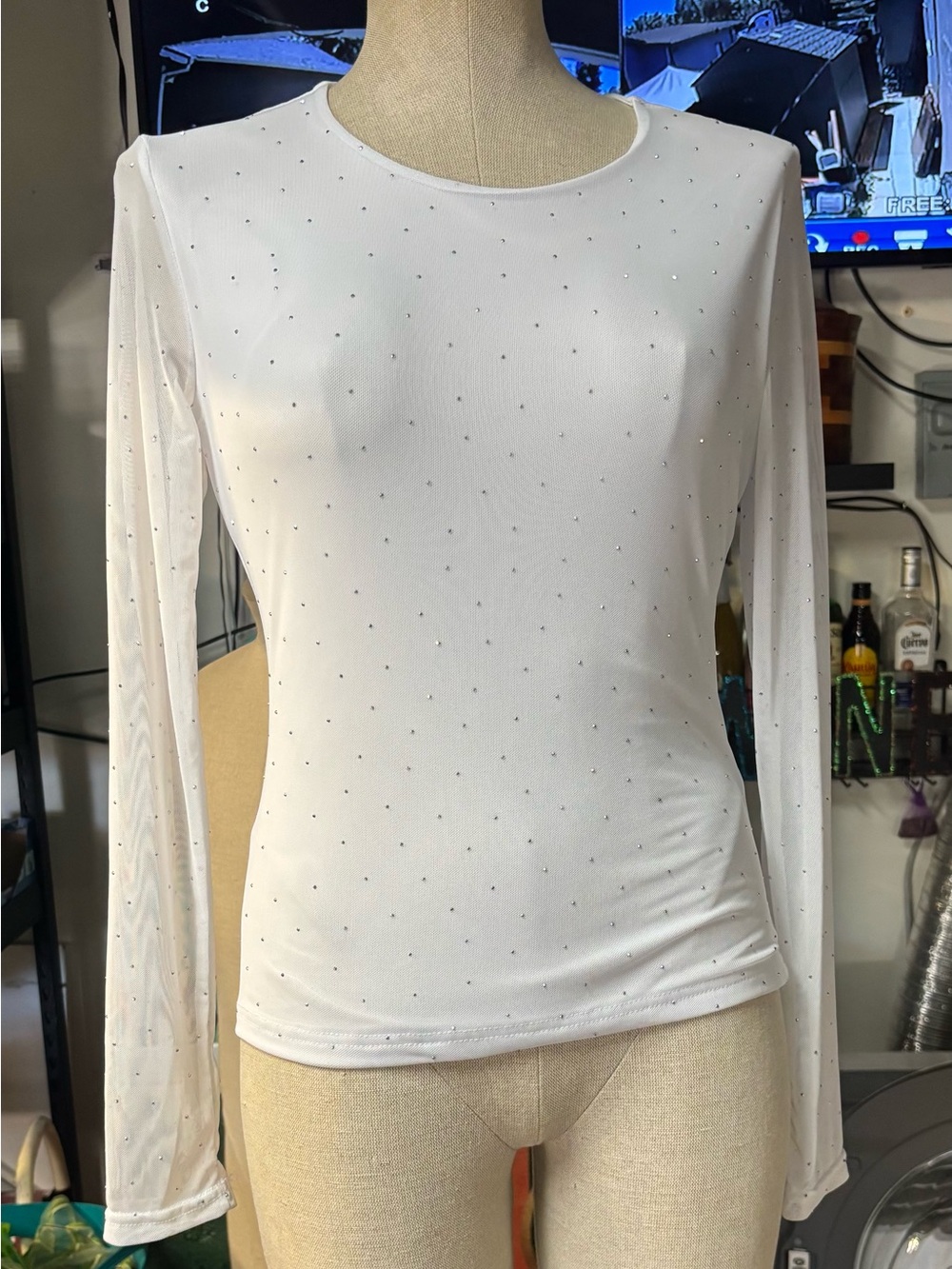 White Long-Sleeve semi Mesh Top with sparkly spots.